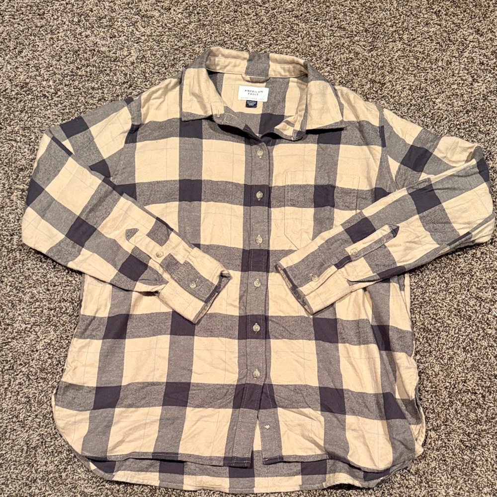 American Eagle Beige and Navy Plaid Button-Down Flannel.